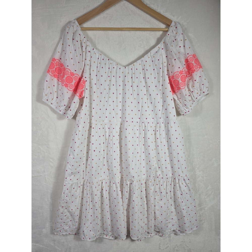 LOFT White Polka Dot Puff Sleeve Dress Neon Embroidered Trim Size M NWT - Picture 2 of 11